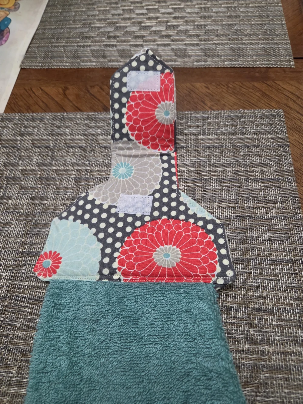 Turquoise Hanging Kitchen Towel with Floral Appliqué